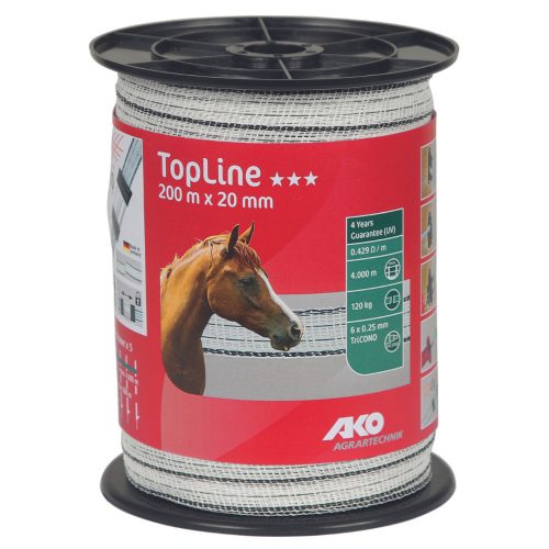 AKO TopLine villanypásztor szalag - 20mm - 200m - 120kg - 0,429 Ω/m (fehér/fekete)